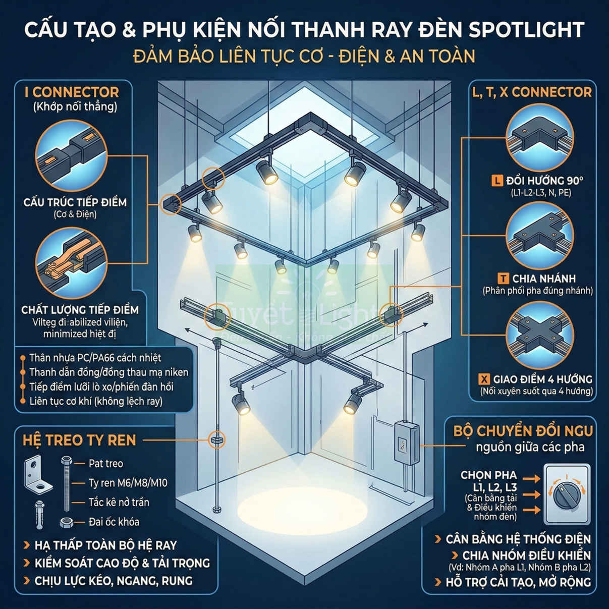 Cấu tạo hệ thanh ray đèn spotlight với các loại connector, bộ chuyển đổi nguồn và hệ treo ty ren trong phòng trưng bày