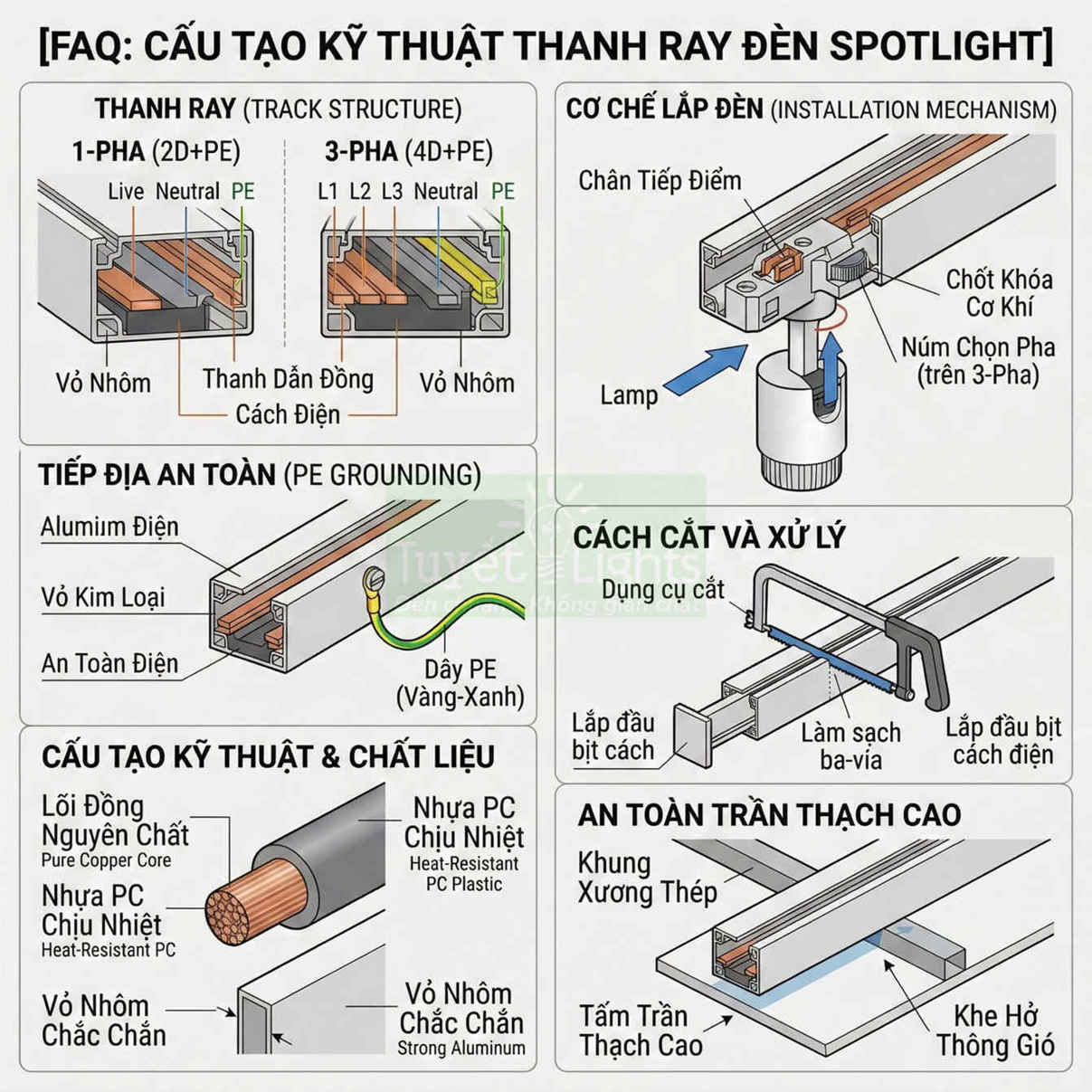 Cấu tạo kỹ thuật thanh ray đèn spotlight nhôm, lõi đồng, tiếp địa an toàn và lắp đặt trên trần thạch cao