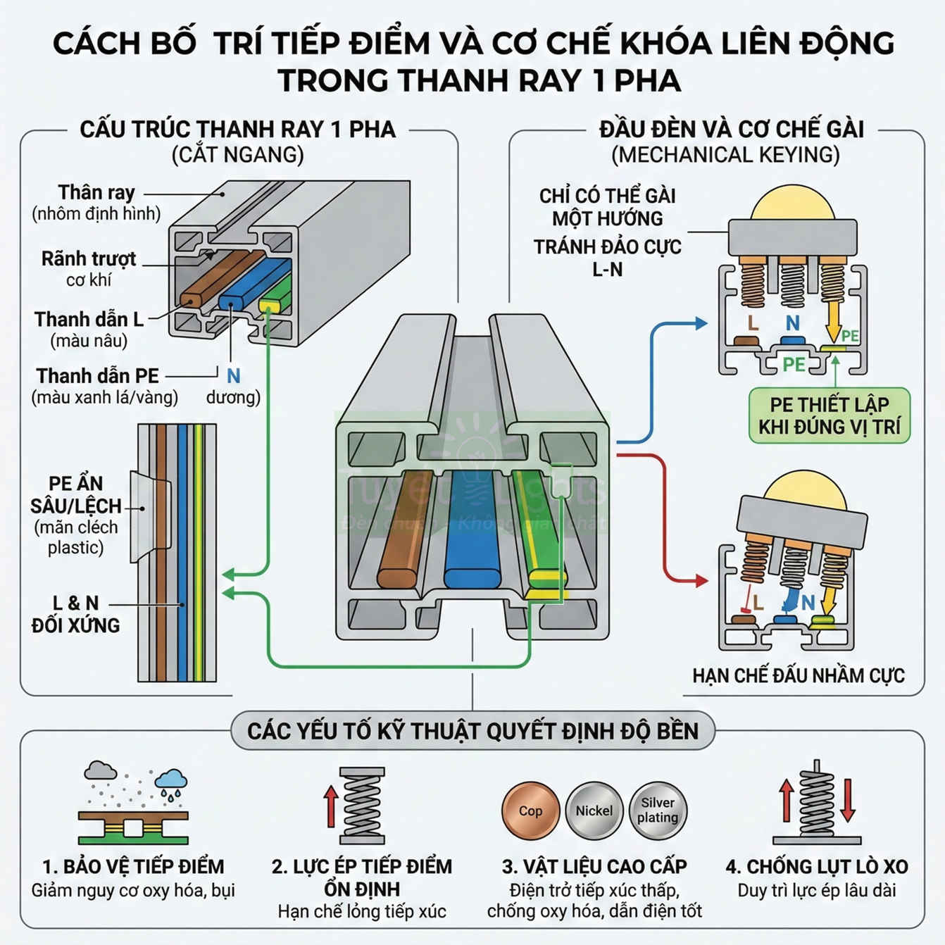 Sơ đồ cấu tạo thanh ray điện 1 pha và cơ chế khóa liên động cho đầu đèn ray trượt