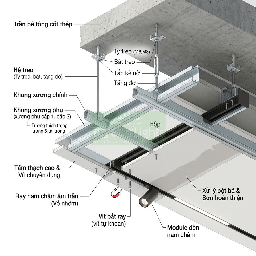 Cấu tạo trần thạch cao tích hợp ray nam châm âm trần và module đèn nam châm chiếu sáng