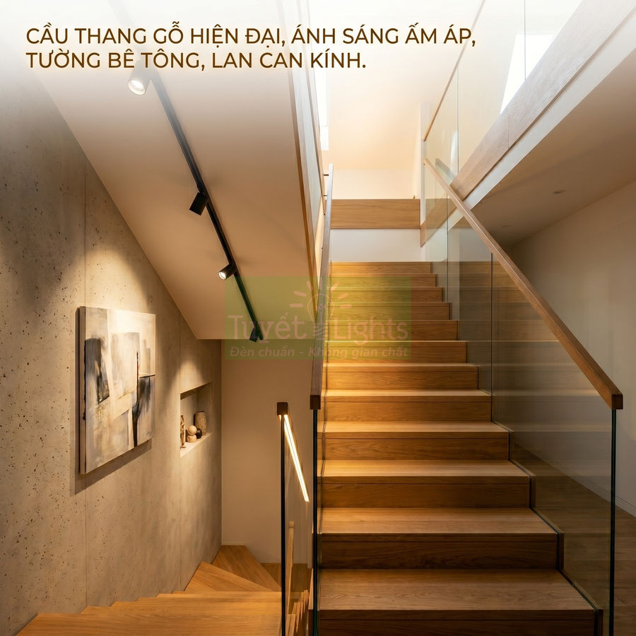 Cầu thang gỗ hiện đại lan can kính, đèn rọi ray ánh sáng vàng ấm cho không gian nhà ở