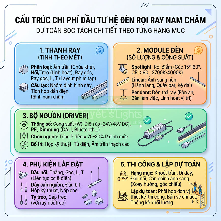 Infographic cấu trúc chi phí đầu tư hệ đèn rọi ray nam châm và các hạng mục lắp đặt chi tiết