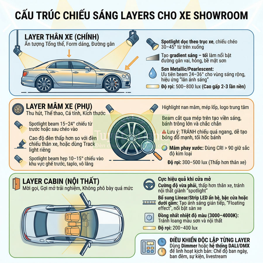 Minh họa cấu trúc chiếu sáng nhiều lớp cho xe ô tô trong showroom, tập trung thân xe, mâm xe và nội thất