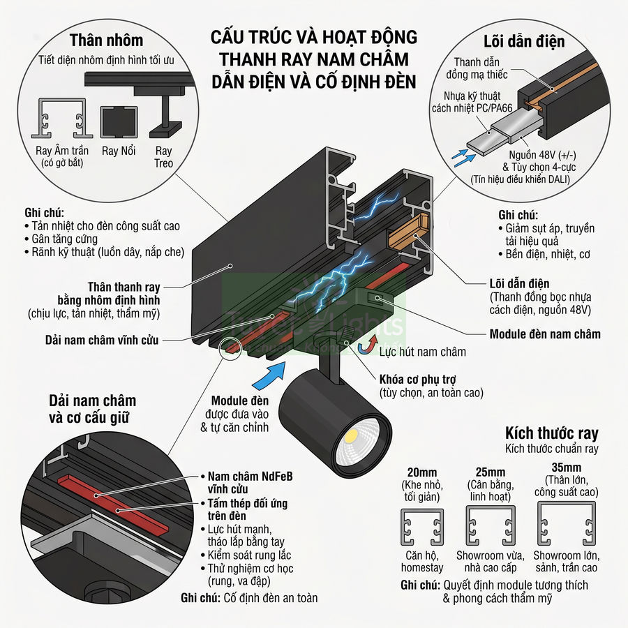 Cấu tạo thanh ray nam châm dẫn điện và đèn rọi ray nam châm cho hệ thống chiếu sáng hiện đại