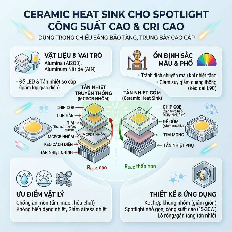 Cấu tạo tản nhiệt gốm cho đèn LED spotlight công suất cao, so sánh với tản nhiệt nhôm và nêu ưu điểm ứng dụng