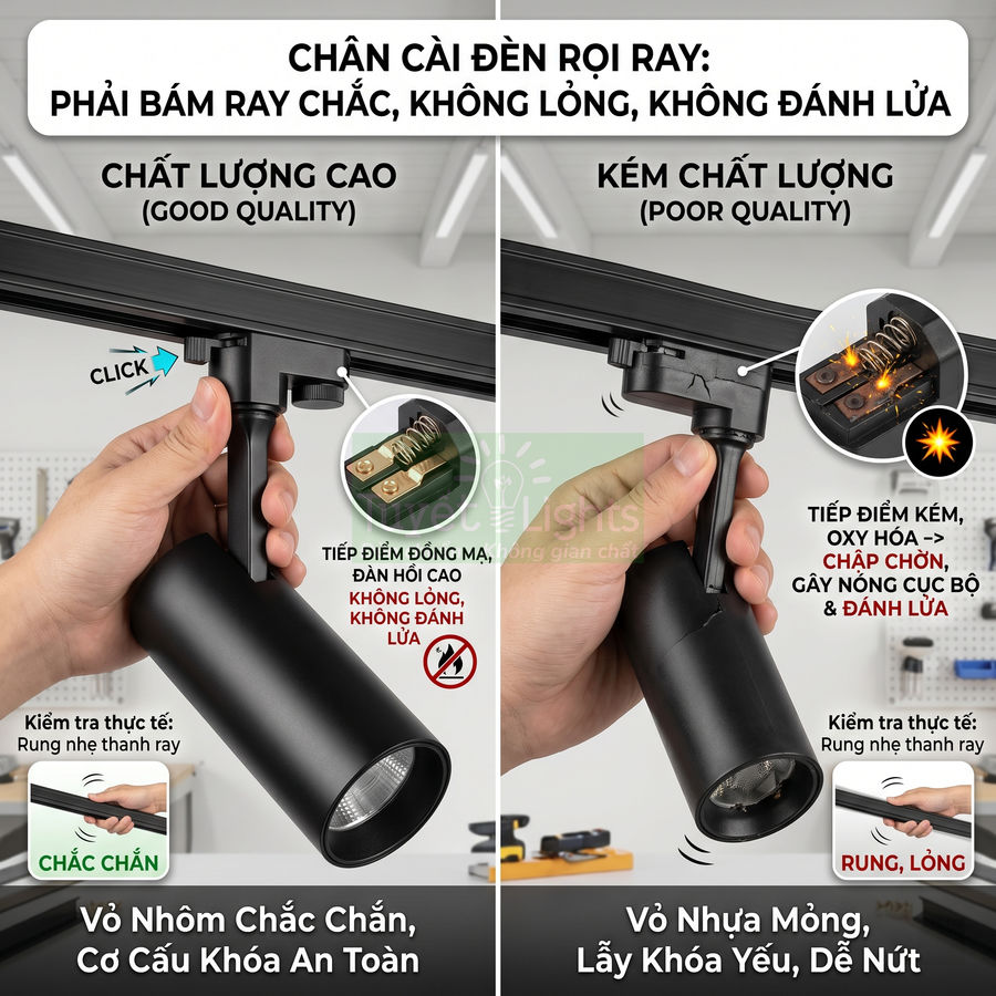 So sánh chân cài đèn rọi ray chất lượng cao vỏ nhôm chắc chắn với loại kém chất lượng vỏ nhựa mỏng