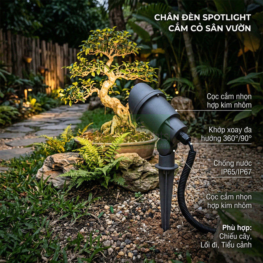 Đèn spotlight cắm cỏ sân vườn chống nước chiếu sáng cây bonsai và lối đi ngoài trời