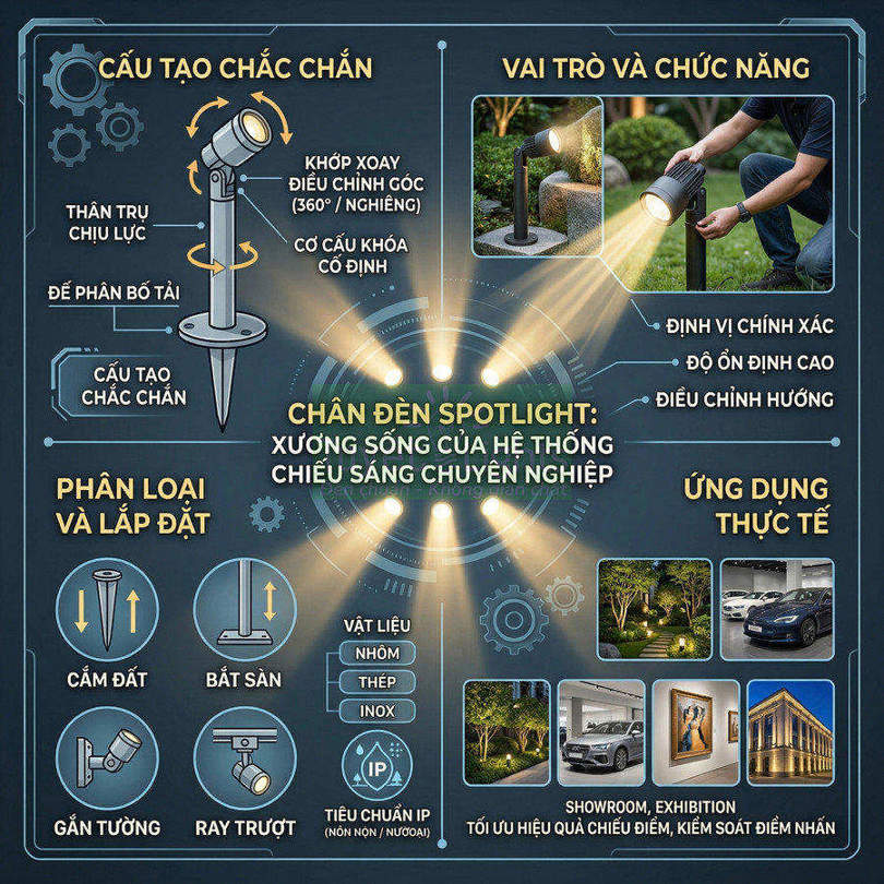 Chân đèn spotlight: cấu tạo, phân loại, cách chọn và ứng dụng chiếu sáng chuyên nghiệp