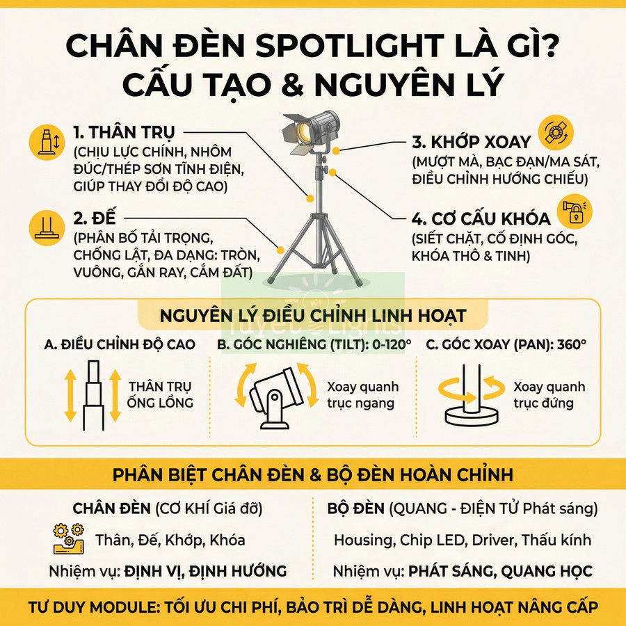 Chân đèn spotlight studio với thân trụ, chân đế ba chân và khớp xoay điều chỉnh độ cao, góc chiếu linh hoạt