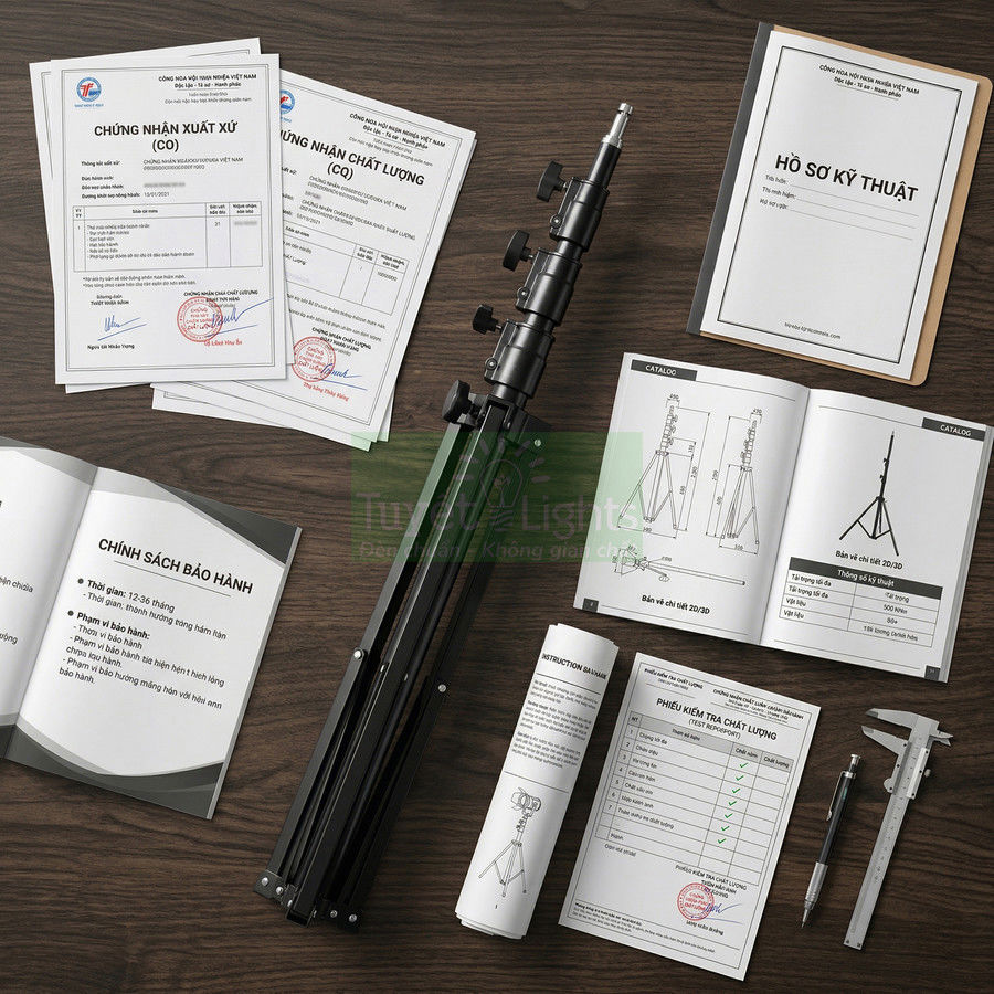 Chân đèn tripod studio gấp gọn kèm giấy chứng nhận chất lượng và hướng dẫn sử dụng trên bàn gỗ