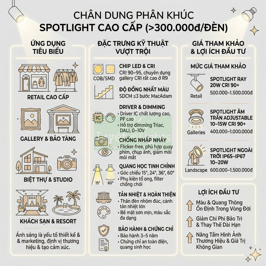 Infographic giới thiệu spotlight cao cấp trên 300000đ, ứng dụng cho retail, gallery, biệt thự, khách sạn và thông số kỹ thuật, giá tham khảo