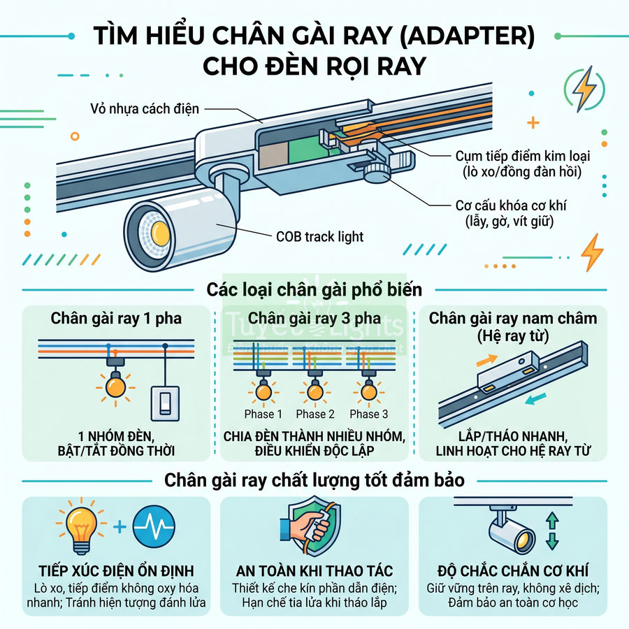 Cấu tạo chân gài ray adapter cho đèn rọi ray và các loại ray 1 pha, 3 pha, ray nam châm kèm ưu điểm sử dụng