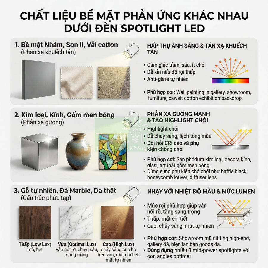 Bảng hướng dẫn phản ứng các chất liệu bề mặt dưới đèn spotlight LED gồm nhám, kim loại kính gốm bóng và gỗ đá da