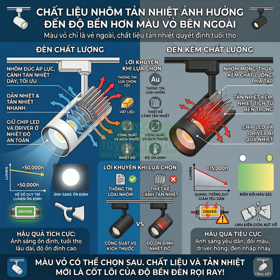 Infographic so sánh đèn rọi ray nhôm tản nhiệt chất lượng cao và đèn kém chất lượng, nhấn mạnh độ bền và hiệu suất chiếu sáng