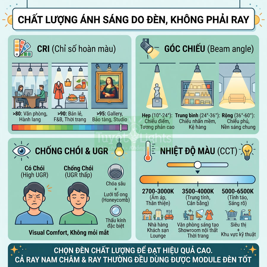 Infographic hướng dẫn chọn đèn LED chất lượng theo CRI, góc chiếu, chống chói UGR và nhiệt độ màu CCT