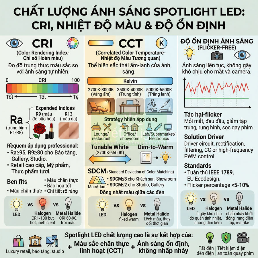 Infographic giải thích chất lượng ánh sáng đèn spotlight LED về chỉ số CRI, nhiệt độ màu CCT và độ ổn định ánh sáng