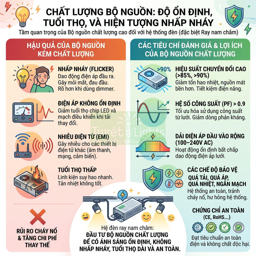 Infographic so sánh hậu quả bộ nguồn kém chất lượng và lợi ích bộ nguồn chất lượng cao cho hệ thống đèn LED