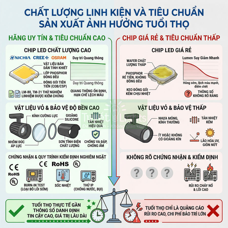 So sánh đèn LED chất lượng cao và đèn LED giá rẻ về chip, vật liệu vỏ, chứng nhận và độ bền sử dụng
