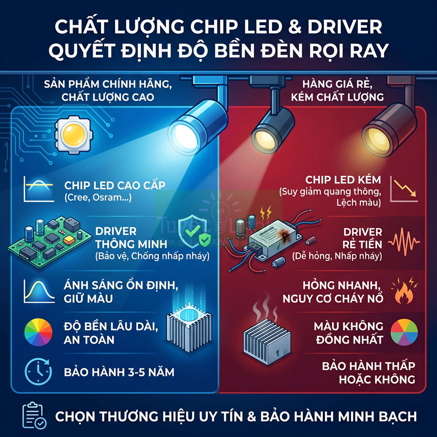 So sánh đèn rọi ray dùng chip LED và driver cao cấp với loại giá rẻ kém chất lượng