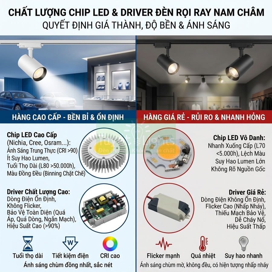 So sánh chip LED và driver đèn rọi ray nam châm cao cấp và giá rẻ về độ bền và chất lượng ánh sáng