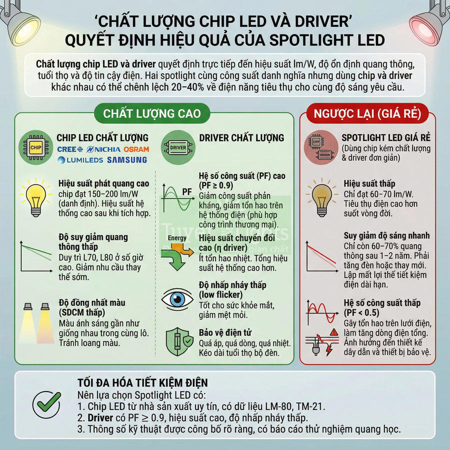 Infographic so sánh chất lượng chip LED và driver spotlight LED cao cấp với loại giá rẻ, nêu hiệu suất và độ bền