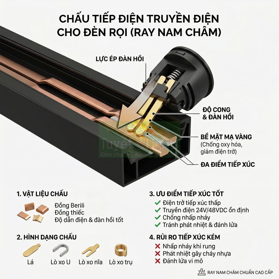 Chấu tiếp điện ray nam châm cho đèn rọi, cấu tạo lò xo đàn hồi và bề mặt tiếp xúc mạ vàng chống oxy hóa