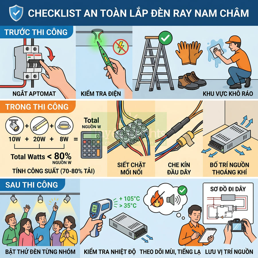 Checklist an toàn lắp đặt đèn ray nam châm với hướng dẫn trước, trong và sau thi công