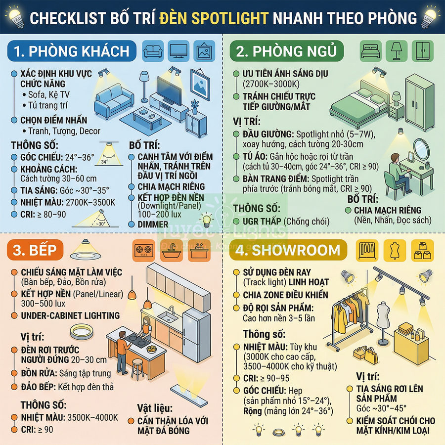 Checklist bố trí đèn spotlight cho phòng khách, phòng ngủ, bếp và showroom với minh họa vị trí lắp đặt chi tiết