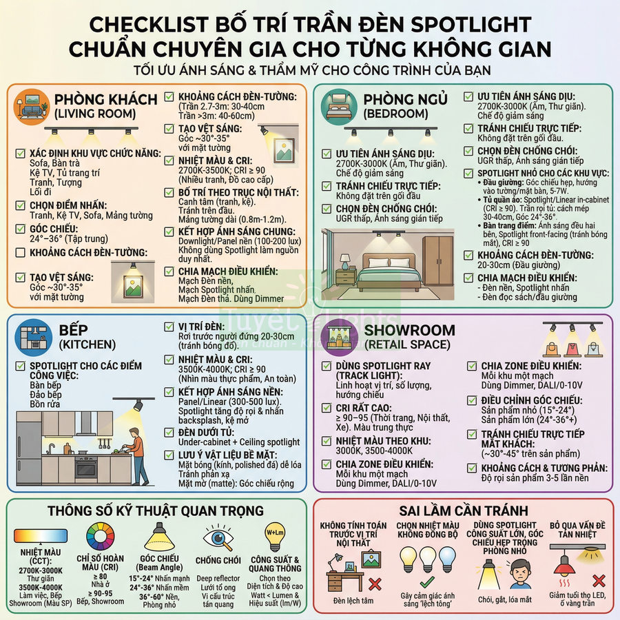 Checklist bố trí trần đèn spotlight tối ưu ánh sáng cho phòng khách, phòng ngủ, bếp và showroom