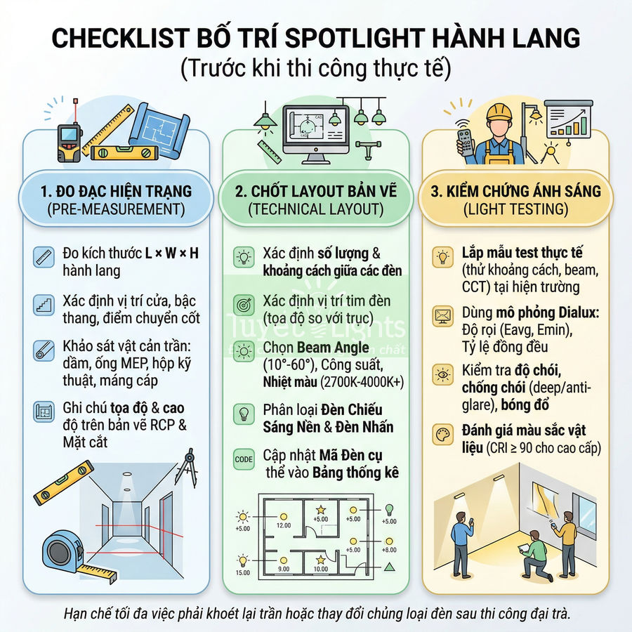 Checklist bố trí đèn spotlight hành lang với ba bước đo đạc, chốt layout bản vẽ và kiểm chứng ánh sáng