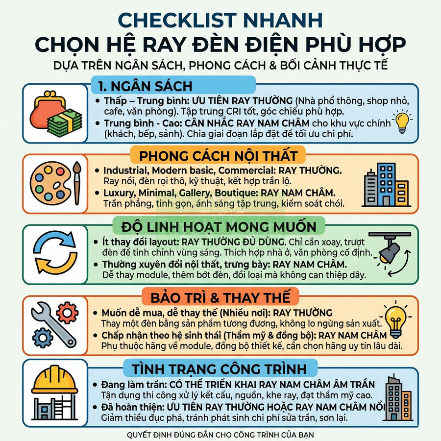 Checklist chọn hệ ray đèn điện phù hợp theo ngân sách, phong cách nội thất và tình trạng công trình