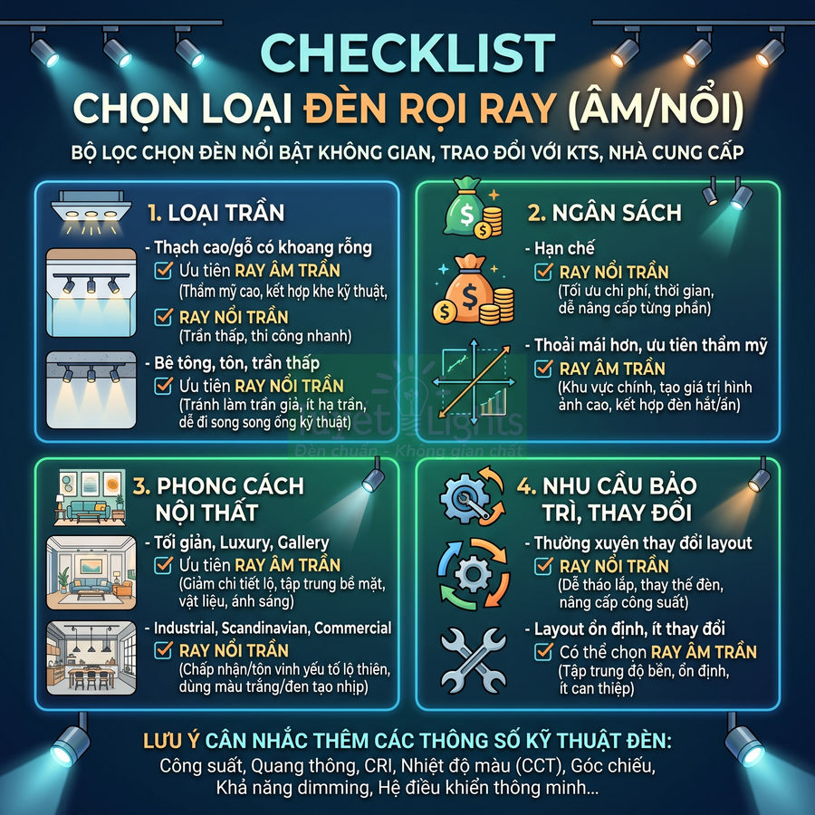 Checklist chọn loại đèn rọi ray âm trần và nổi trần cho từng loại trần, ngân sách, phong cách nội thất