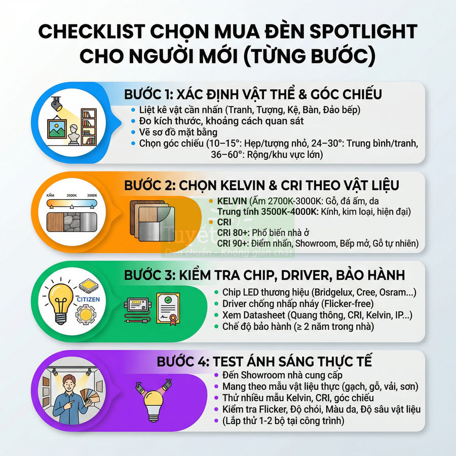 Checklist từng bước chọn mua đèn spotlight cho người mới với hướng dẫn về góc chiếu, Kelvin, CRI và kiểm tra chip, bảo hành