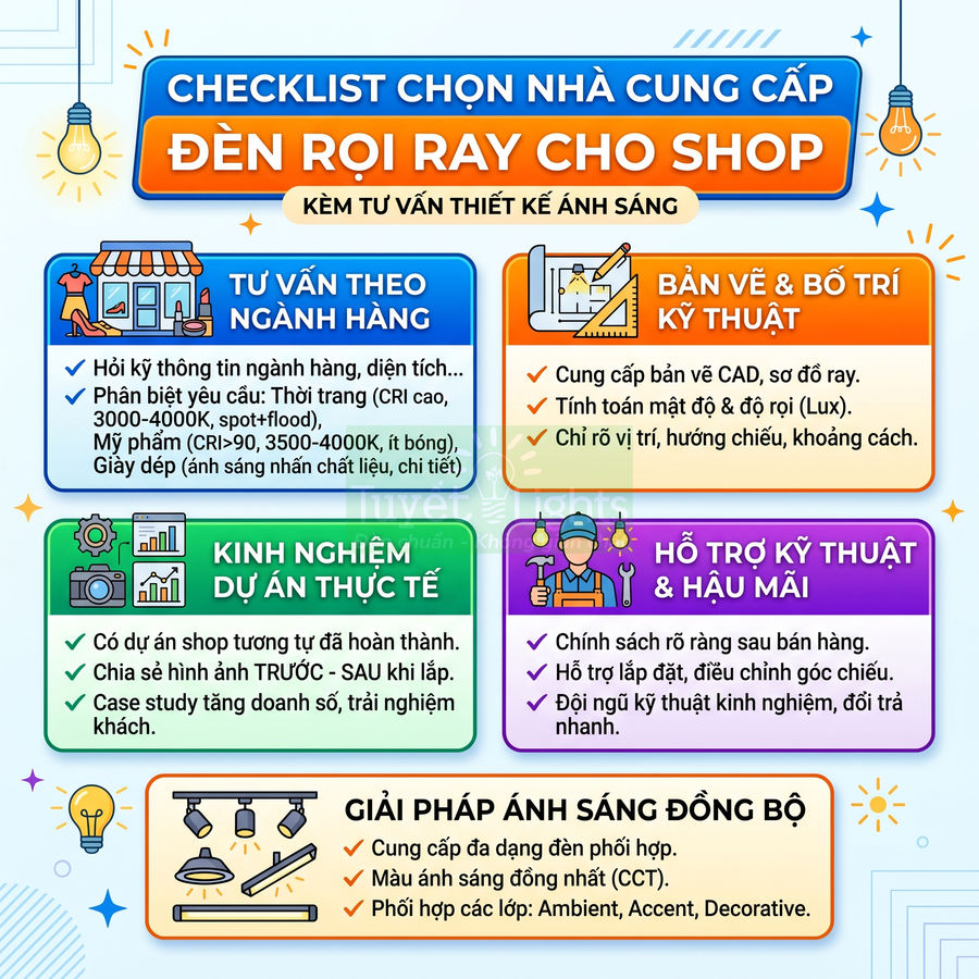 Checklist chọn nhà cung cấp đèn rọi ray cho shop kèm tư vấn thiết kế ánh sáng chi tiết