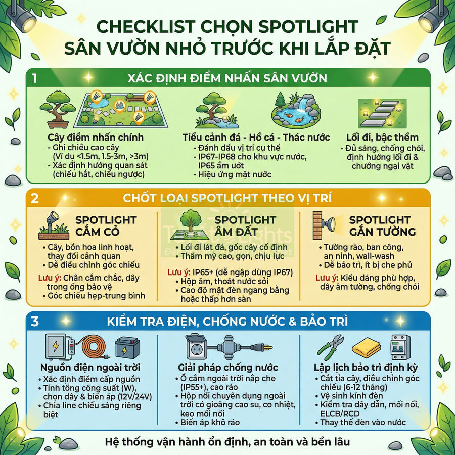 Checklist chọn đèn spotlight sân vườn nhỏ với hướng dẫn xác định điểm nhấn và vị trí lắp đặt