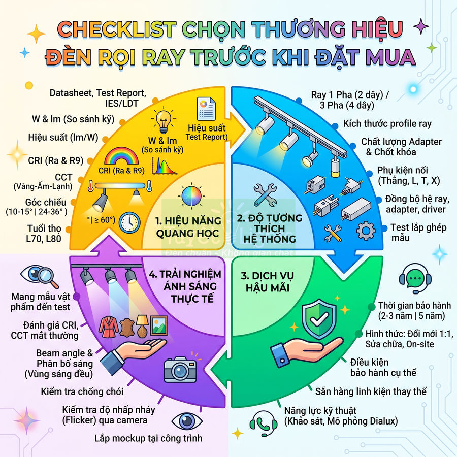 Checklist chọn thương hiệu đèn rọi ray, tiêu chí đánh giá hiệu năng, hệ thống, dịch vụ và trải nghiệm ánh sáng