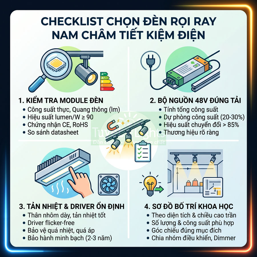 Checklist chọn đèn rọi ray nam châm tiết kiệm điện với hướng dẫn kiểm tra module, bộ nguồn, tản nhiệt và bố trí ánh sáng