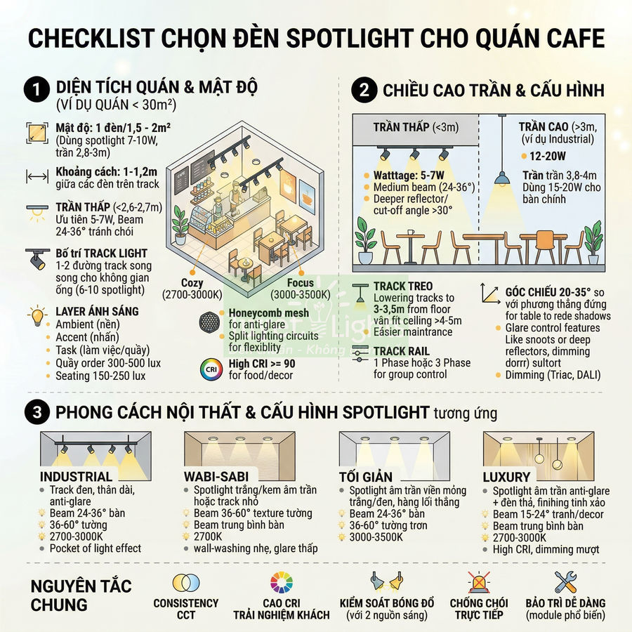 Checklist chọn đèn spotlight cho quán cafe với gợi ý mật độ, cấu hình trần và phong cách nội thất