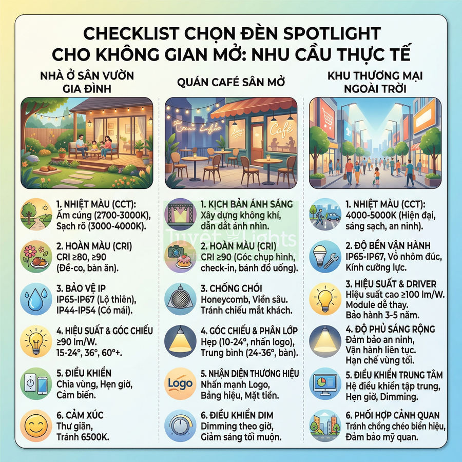 Checklist chọn đèn spotlight cho nhà sân vườn, quán cafe sân vườn và khu thương mại ngoài trời