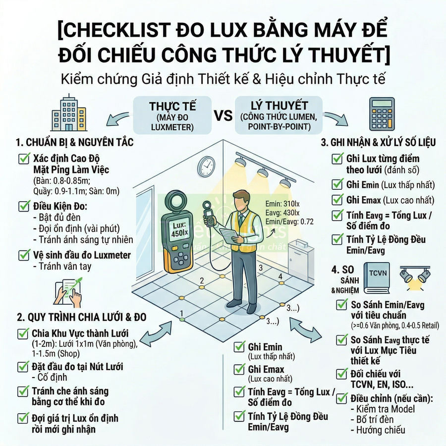 Checklist đo độ rọi lux bằng máy luxmeter so sánh kết quả thực tế với công thức lý thuyết trong phòng làm việc