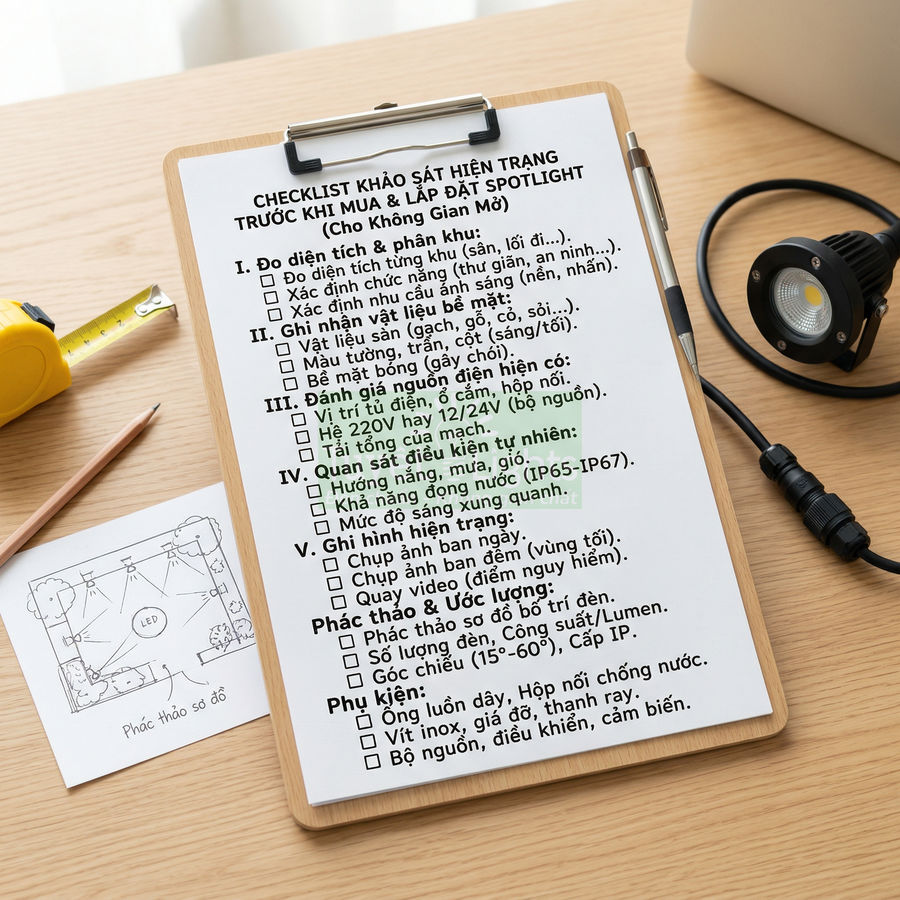 Checklist khảo sát lắp đặt đèn spotlight in trên clipboard gỗ kèm bút, thước dây và đèn LED trên bàn làm việc