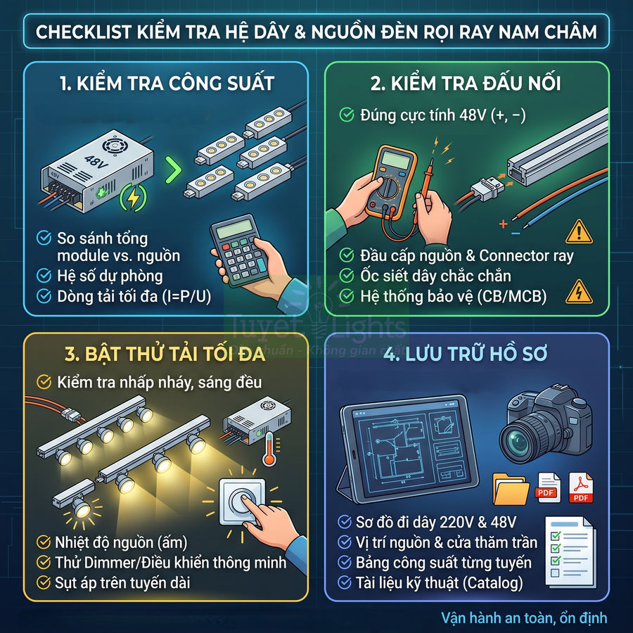 Checklist kiểm tra hệ dây và nguồn đèn rọi ray nam châm với hướng dẫn an toàn, ổn định