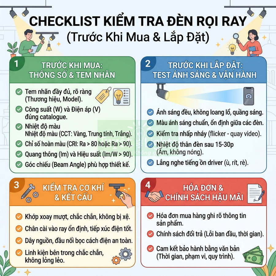 Checklist kiểm tra đèn rọi ray trước khi mua và lắp đặt với các bước về thông số, ánh sáng, cơ khí và bảo hành