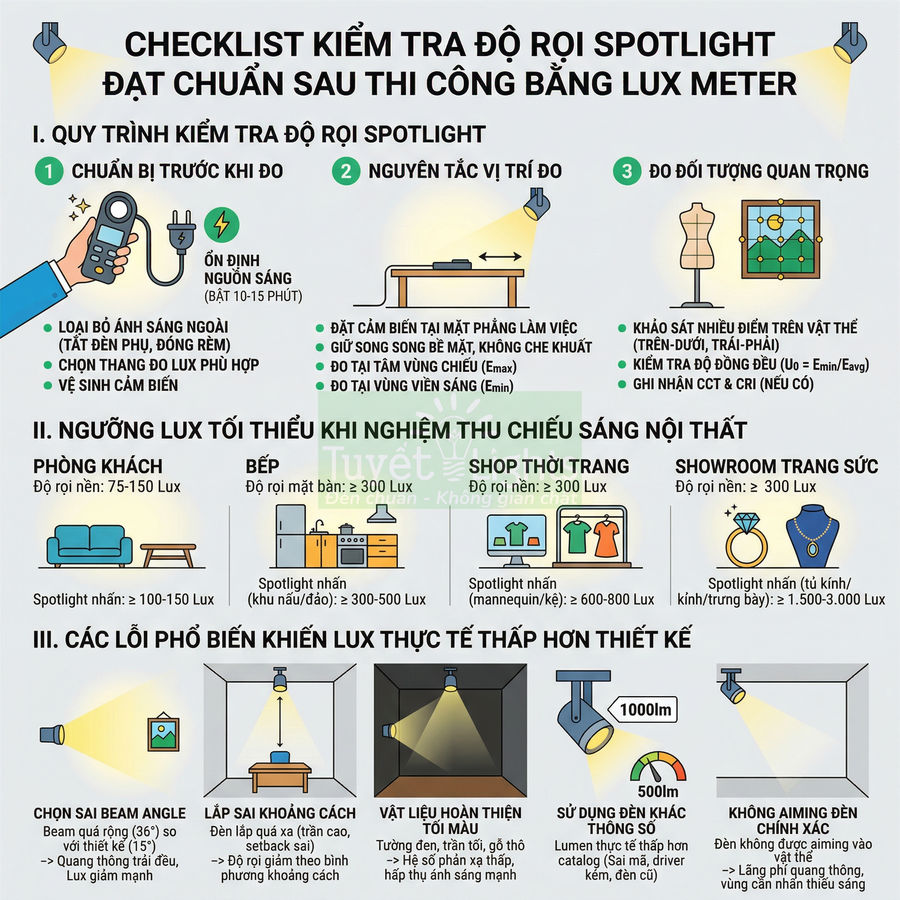 Checklist kiểm tra độ rọi đèn spotlight nội thất bằng lux meter và các ngưỡng lux tiêu chuẩn