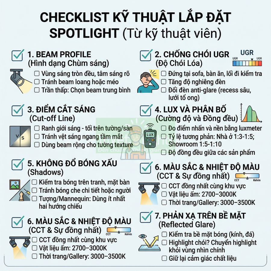 Checklist kỹ thuật lắp đặt đèn spotlight với các tiêu chí về chùm sáng, chống chói, lux, màu sắc và phản xạ bề mặt