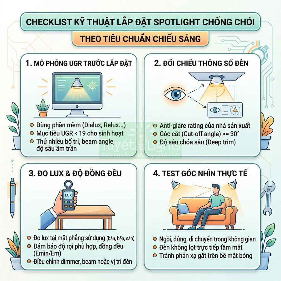 Checklist kỹ thuật lắp đặt đèn spotlight chống chói theo tiêu chuẩn chiếu sáng, mô phỏng, đo lux và test góc nhìn