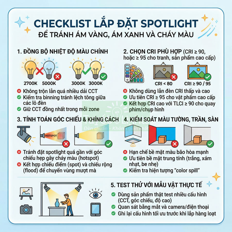 Checklist lắp đặt đèn spotlight tránh ám màu và cháy sáng với hướng dẫn chọn nhiệt độ màu, CRI và góc chiếu