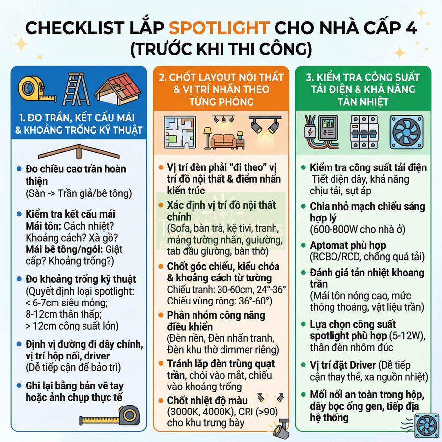 Checklist lắp đèn spotlight cho nhà cấp 4 với hướng dẫn đo trần, bố trí nội thất và kiểm tra công suất điện