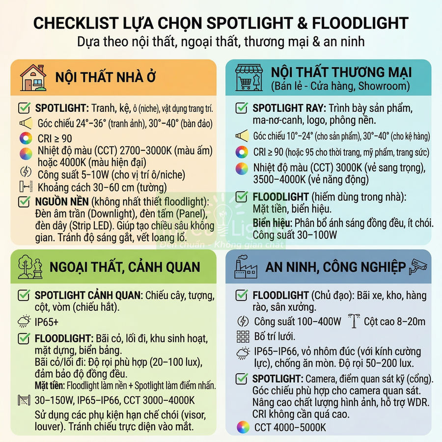 Checklist lựa chọn đèn spotlight và floodlight cho nội thất, ngoại thất, thương mại và an ninh