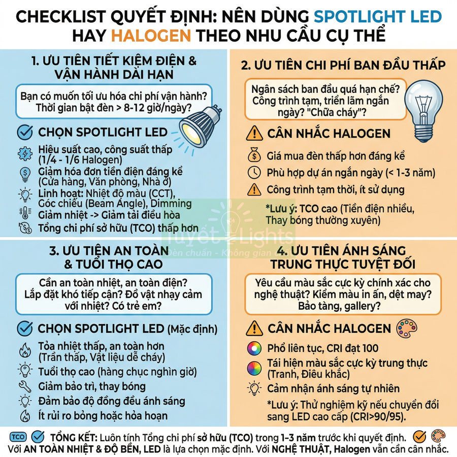 Checklist so sánh spotlight LED và đèn halogen, hướng dẫn chọn loại đèn phù hợp nhu cầu sử dụng